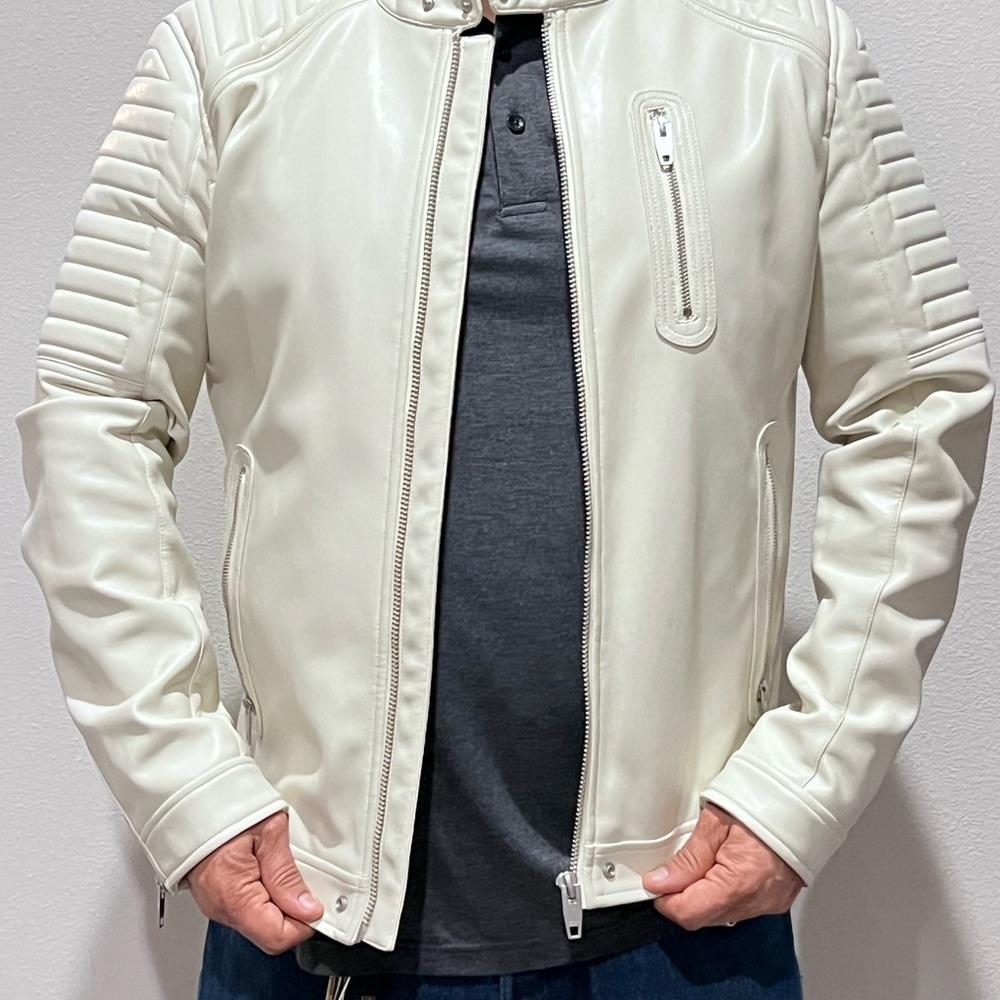 Zara Men's Cream Leather Bomber Jacket